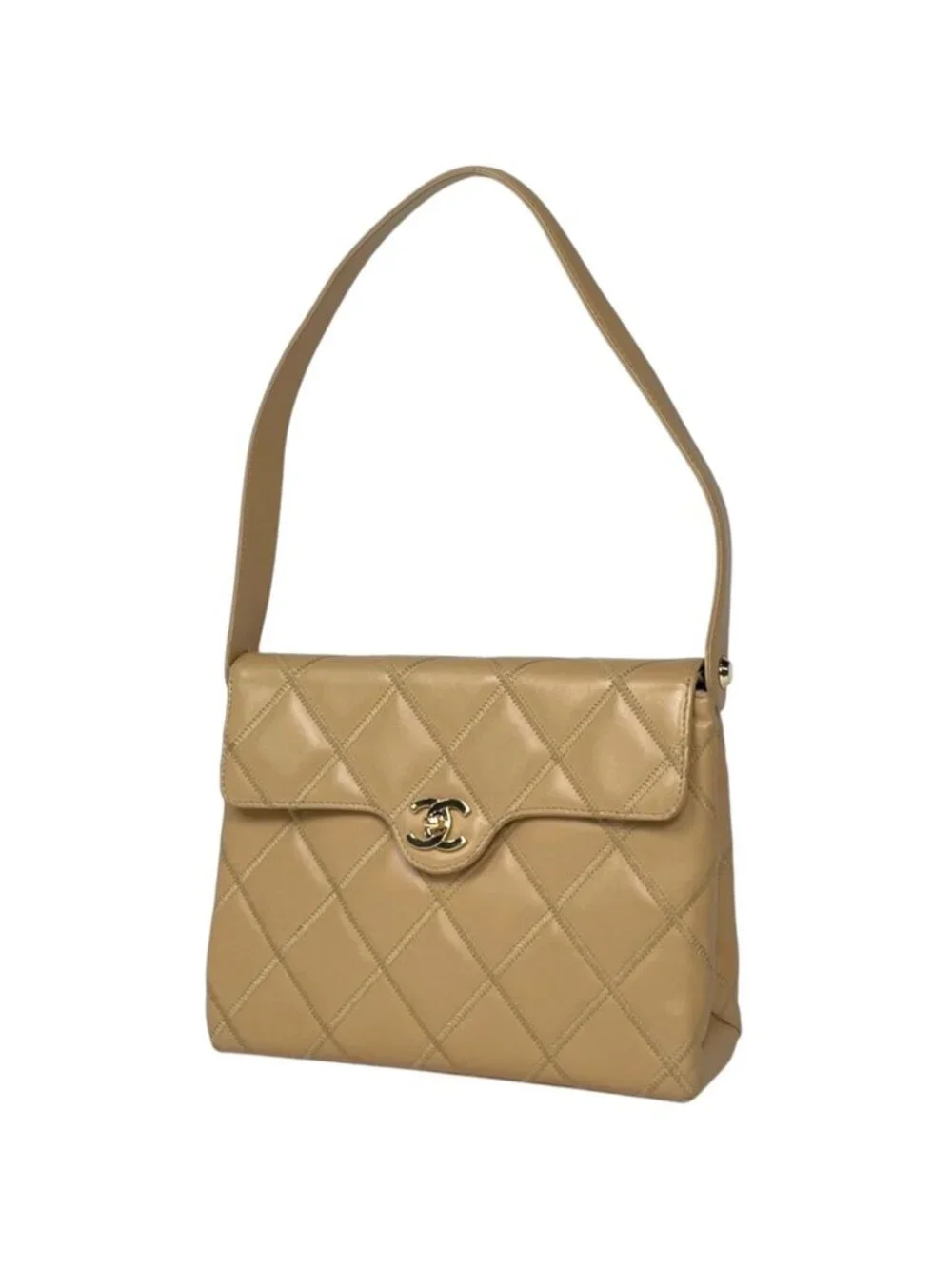 Chanel Shoulder Bag CC Logo Leather Beige